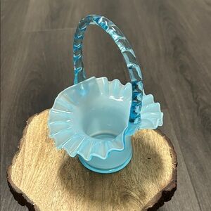 Fenton Blue Overlay Ruffled Top Hat Basket with Blue Reed Handle